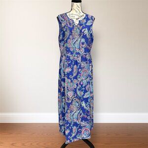 Talbots 16P Blue Paisley Maxi Dress Sleeveless V-Neck Flowy Boho Resort Travel